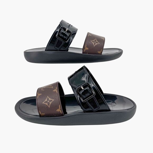 Louis Vuitton Sunbath Mule Slide Sandals Black Rubber Size 38 US 8 Women LV Logo - Picture 9 of 15
